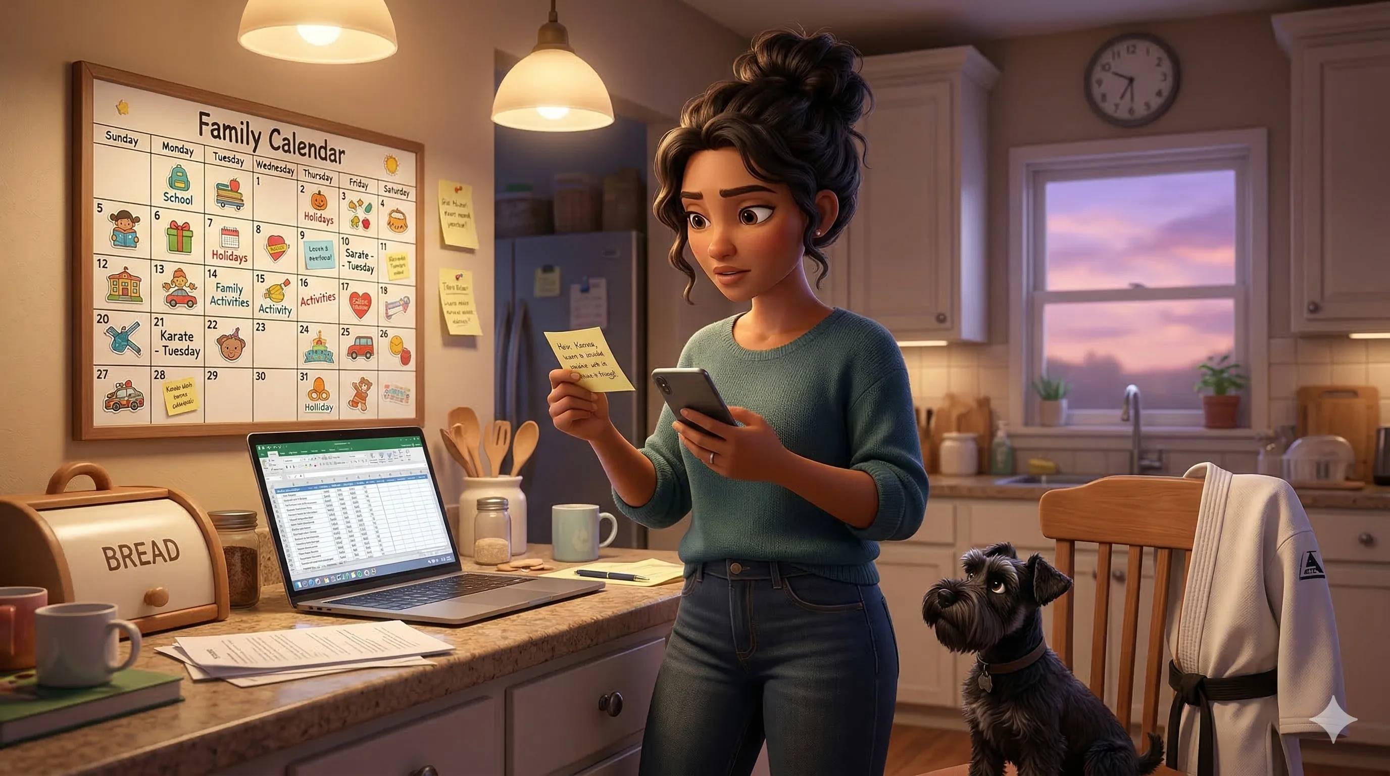 Tala standing at the kitchen counter surrounded by a wall calendar, phone, laptop, and sticky notes — organized chaos on a Sunday evening.