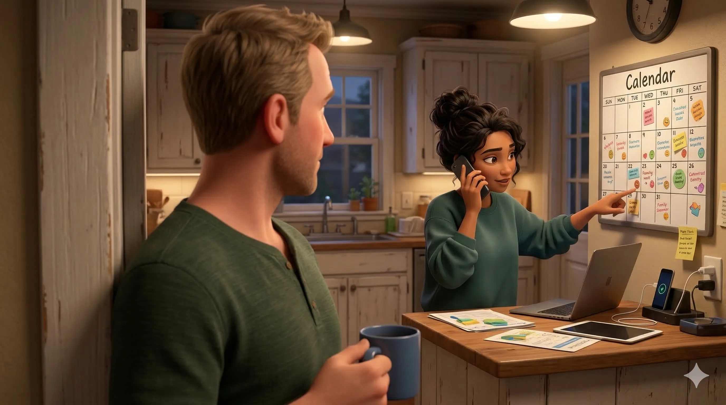 Dan watching Tala coordinate the family schedule — calendar, phone, laptop, sticky notes