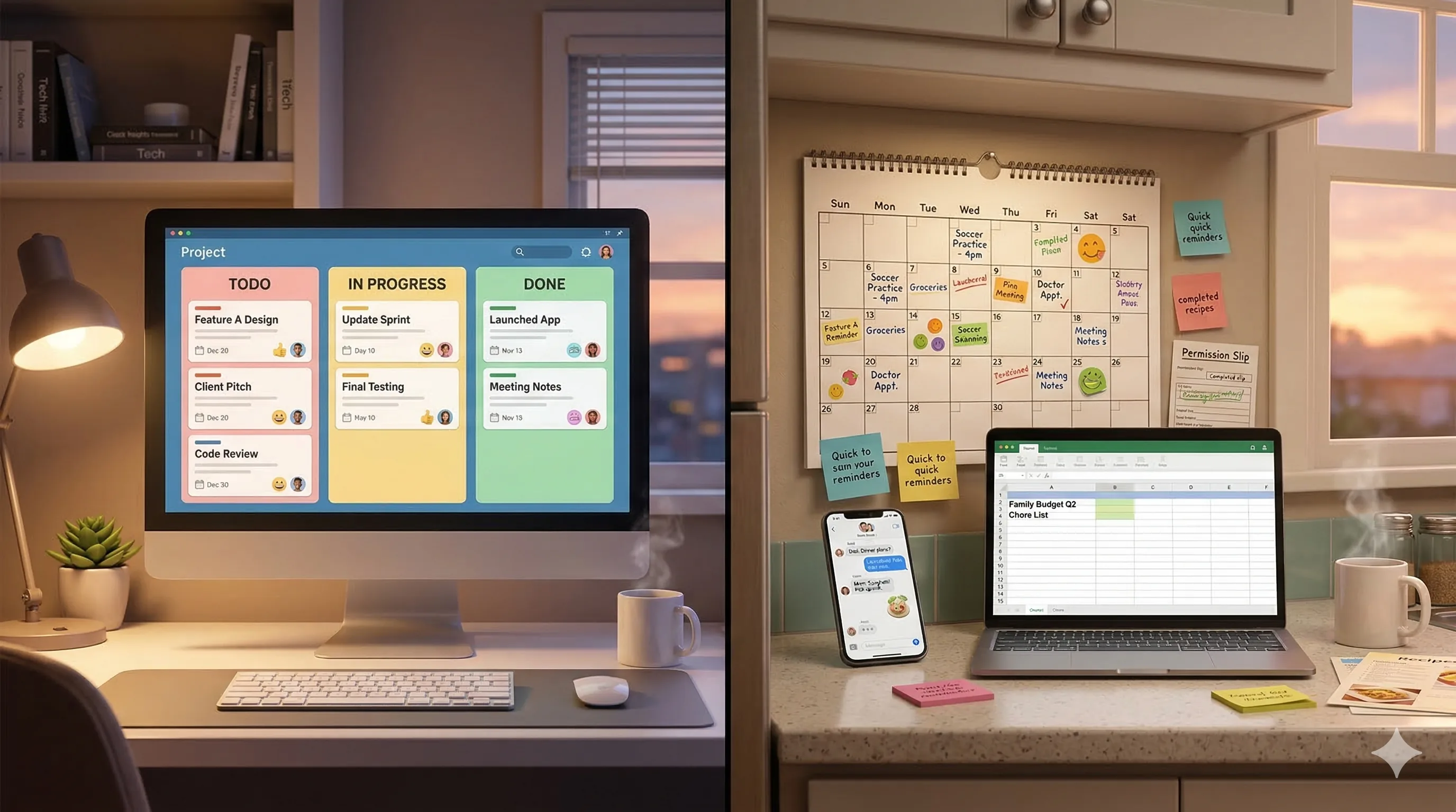 Split view: Dan's work kanban board on the left mirrors Tala's kitchen counter chaos on the right — the same problem in two worlds.