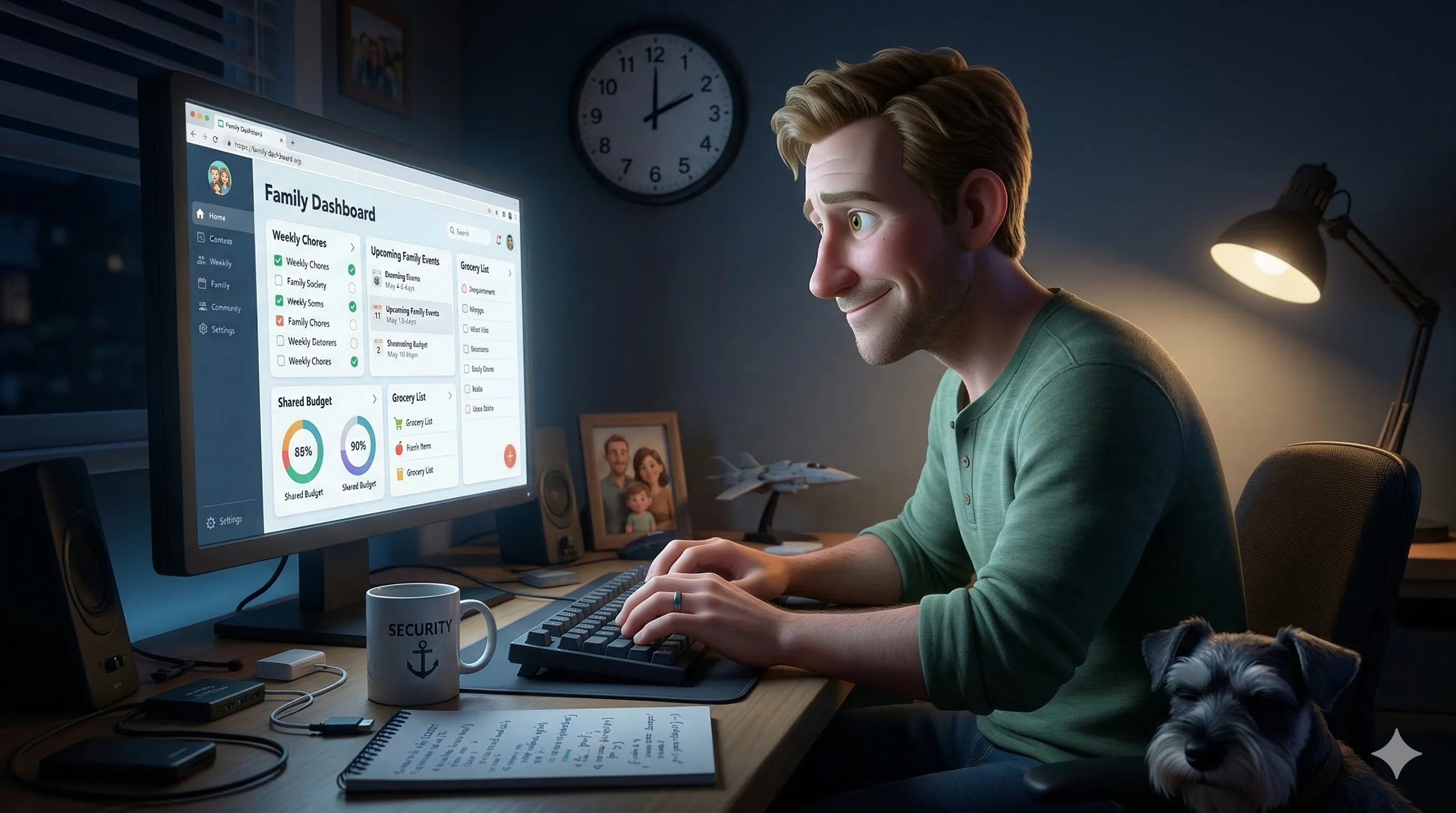 Dan coding alone at his desk at 2:17 AM, monitor glowing in the dark room, building the family app prototype.