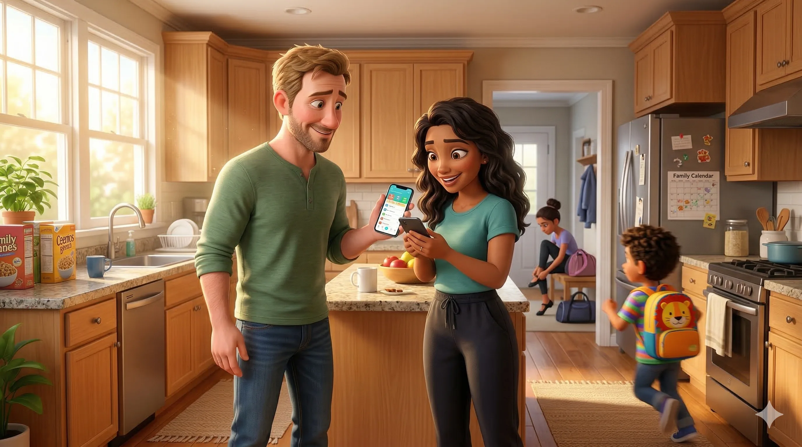 Saturday morning — Dan hands Tala his phone with the prototype. Her expression shifts from skepticism to genuine interest. Leo zooms past with his lion backpack.