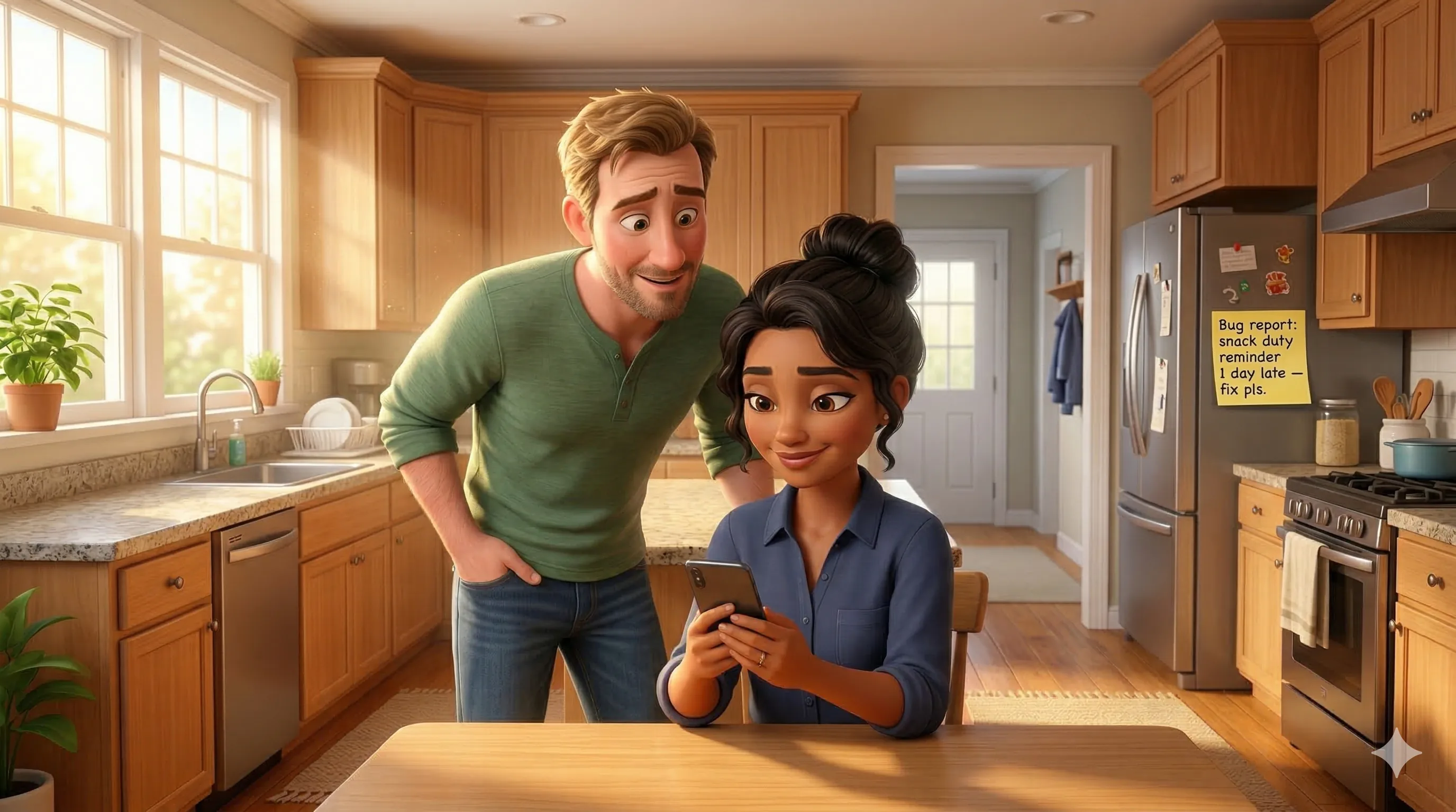 Tala at the now-clean kitchen table, phone in hand, completely in control. Dan looks over her shoulder, awestruck. A sticky note on the fridge reads: Bug report — snack duty reminder 1 day late.